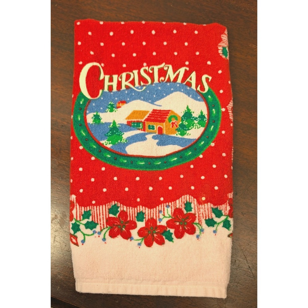 Vintage Franco Christmas Hand Towel Pink Poinsettia Snow Village 1980s RN 22682